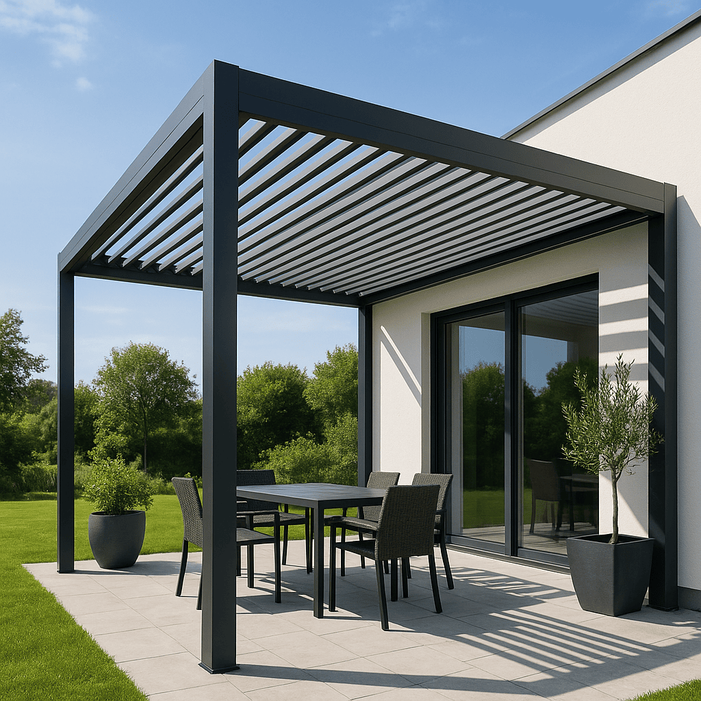 Pergola München: bioklimatische Lamellen-Pergola über einer Terrasse