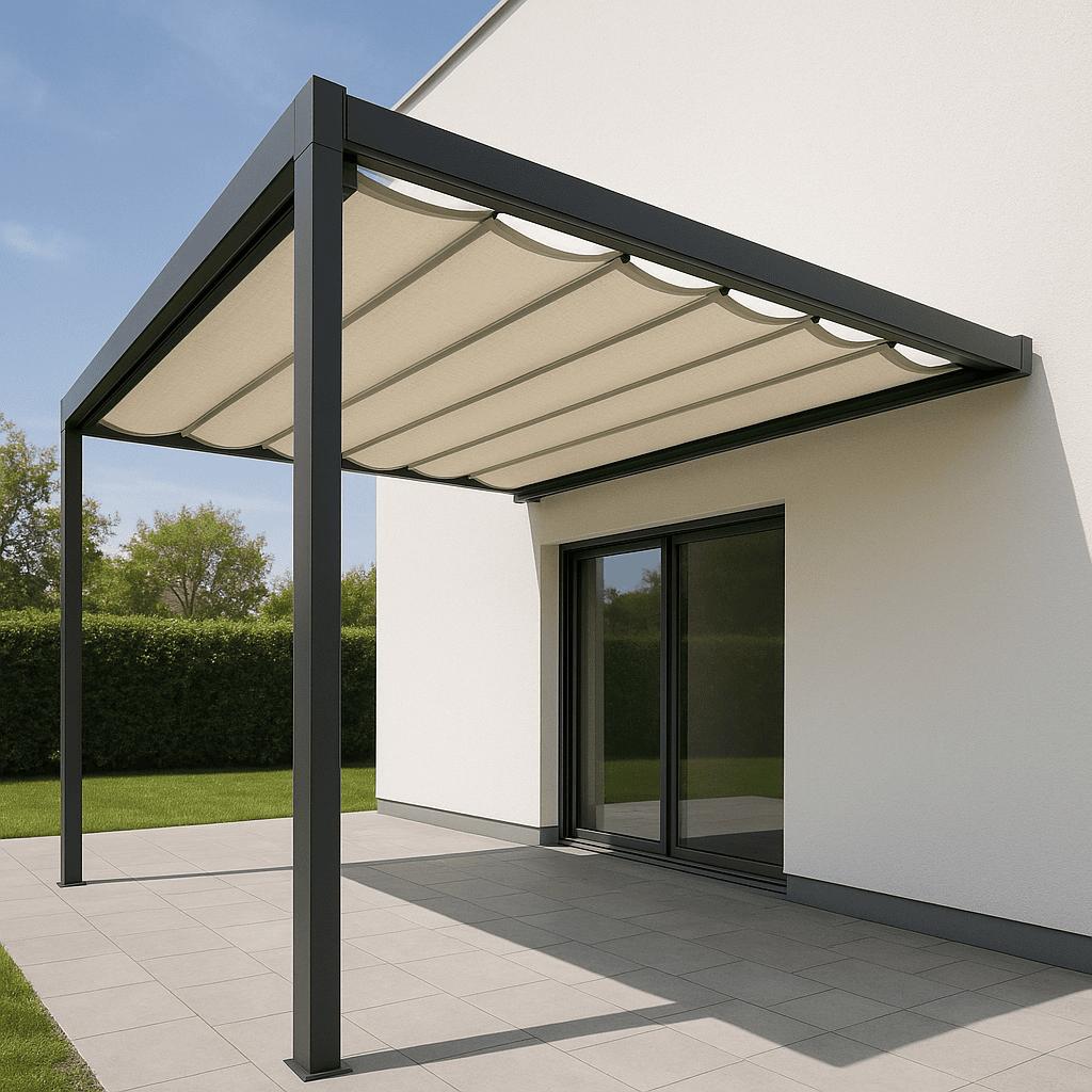 Pergola-Markise mit Stoffbahnen an einer Hauswand