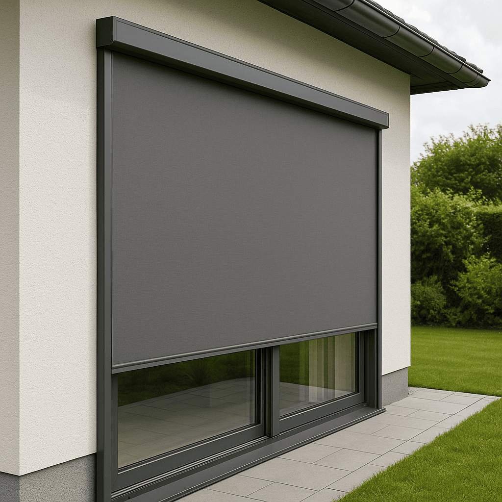Senkrechtmarkise (ZIP-Screen) in Anthrazit vor einem bodentiefen Fenster