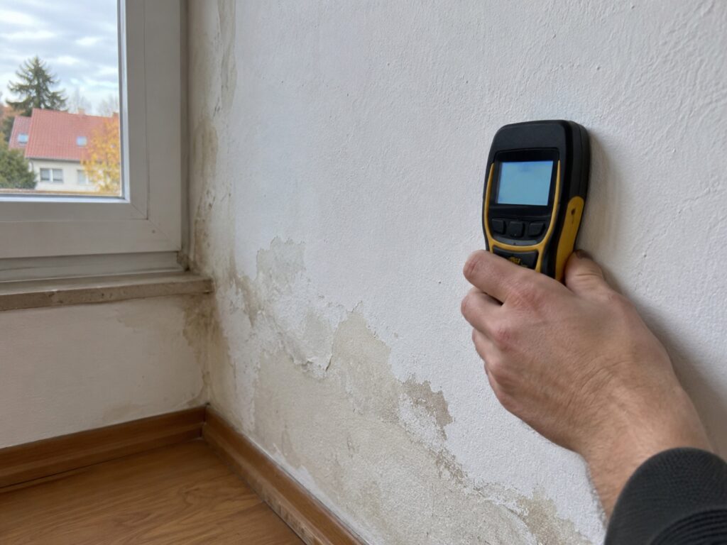 Feuchtemessung an einer Wand mit Wasserschaden