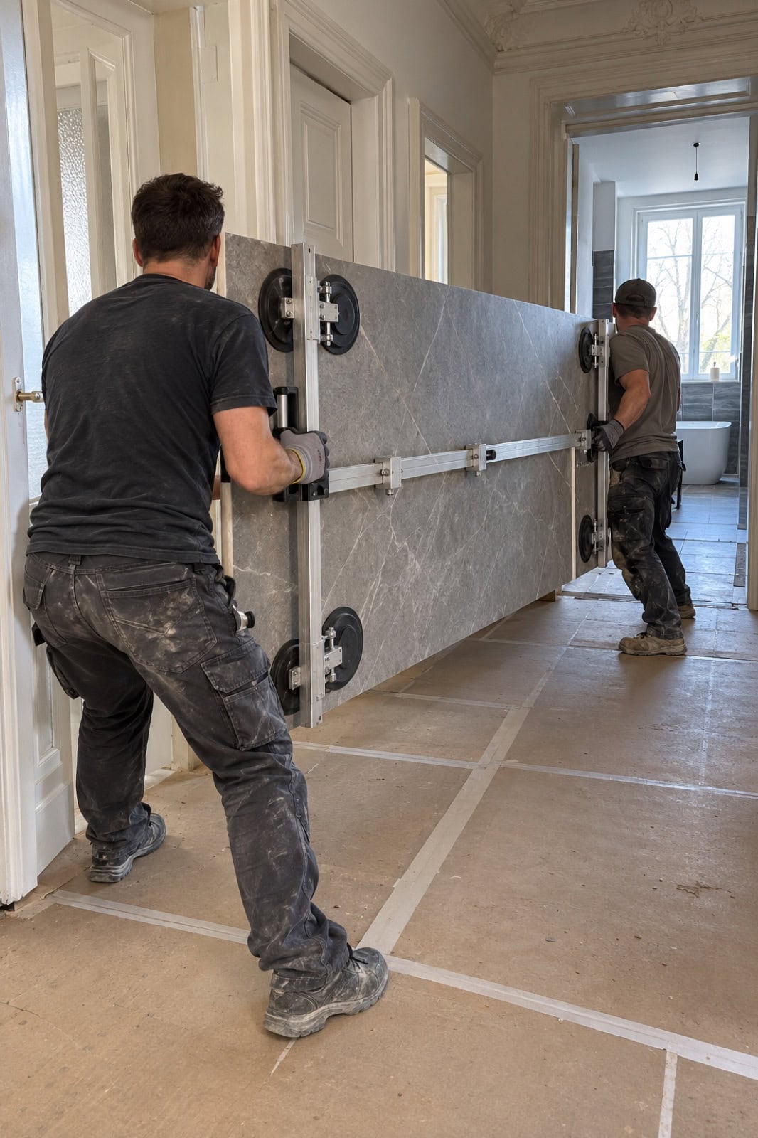 Fugenloses Bad – Mikrozement oder Großformat? - MR Umbau Eine drei Meter lange Feinsteinzeugplatte in heller Marmoroptik hängt an einem Trage- und Saugrahmen und wird im Flur eines Altbaus Richtung