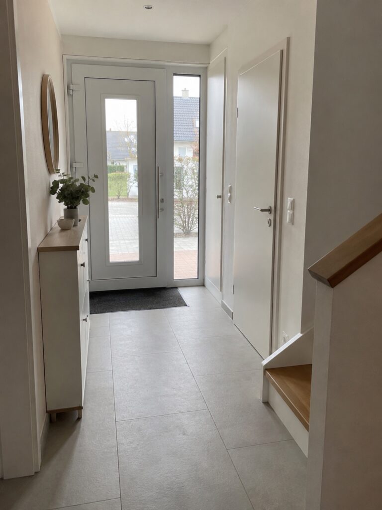 Sanierter Hausflur mit neuem Boden und neuer Haustür