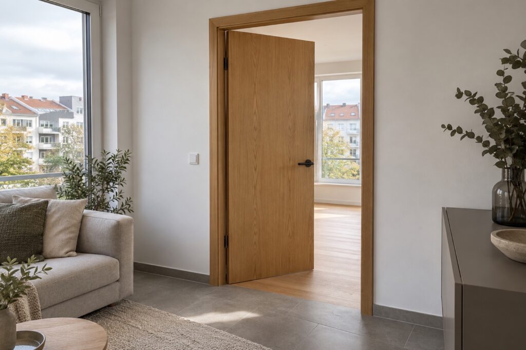 Innentür in Eiche mit Holzzarge im Wohnzimmer einer Münchner Altbauwohnung