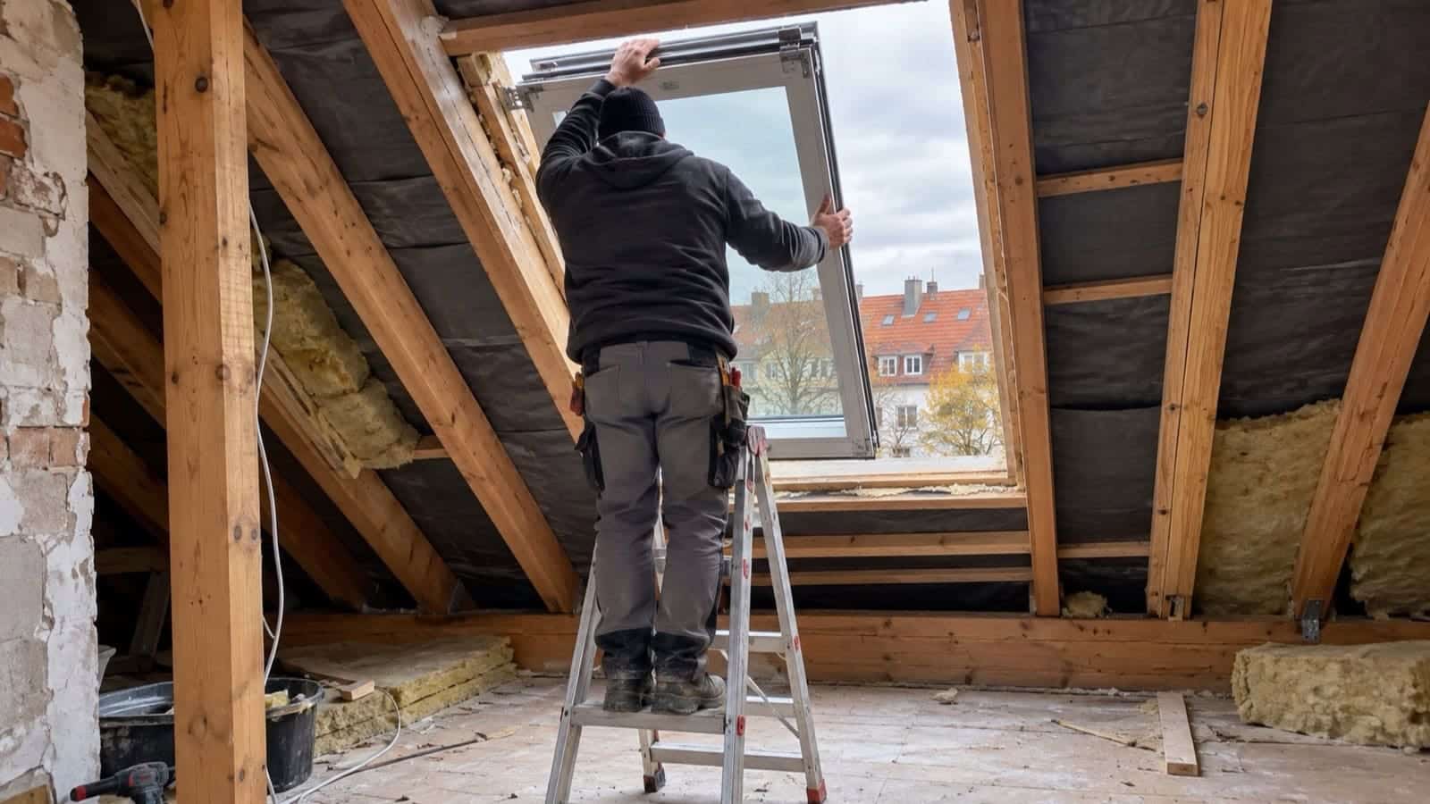Dachfenster erneuern in München – was 2026 gefördert wird und worauf es beim Einbau ankommt - MR Umbau Blick von innen auf einen offenen Dachausschnitt, in den gerade ein neues Dachfenster gesetzt wird