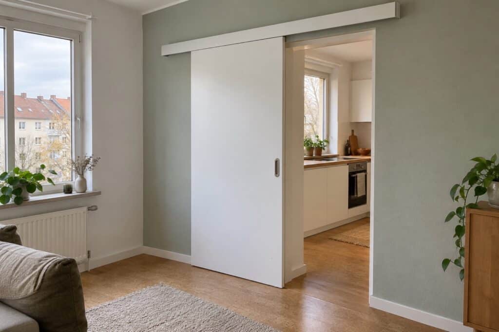 Weiße Schiebetür, die vor der Wand läuft, zwischen Wohnzimmer und Küche