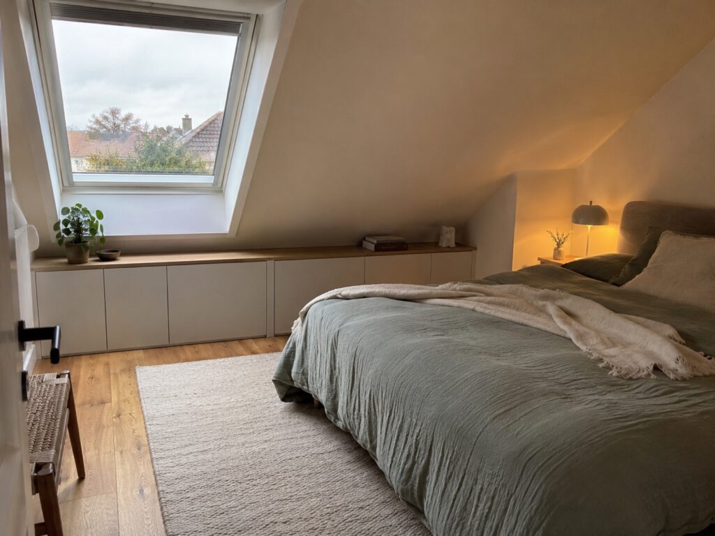 Schlafzimmer unter dem Dach mit Dachfenster und Einbauschrank im Kniestock