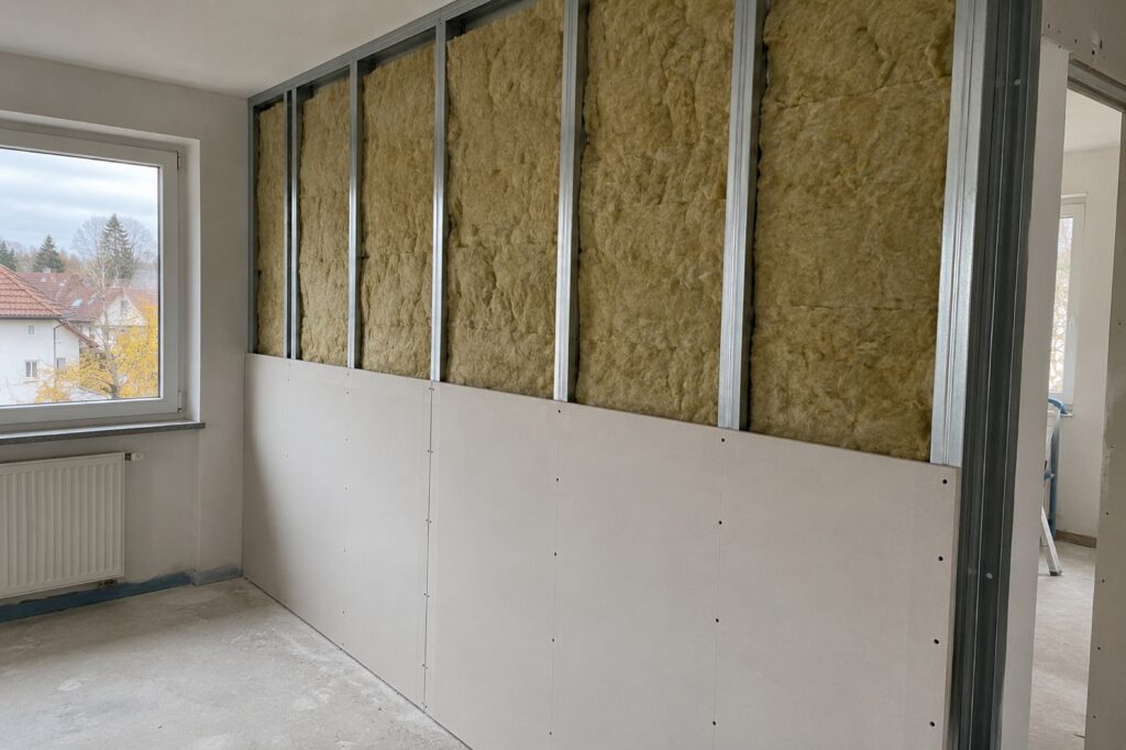 Trockenbauwand mit Mineralwolle als Schallschutz, zur Hälfte beplankt
