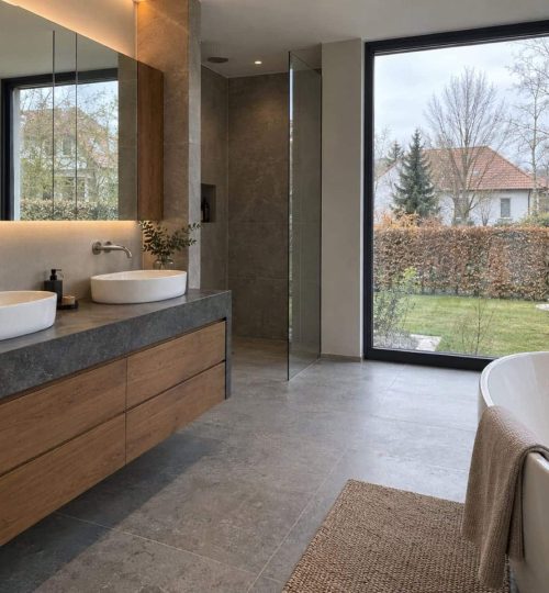 Bad im Obergeschoss eines Neubau-Einfamilienhauses am Münchner Stadtrand, etwa 12 m²